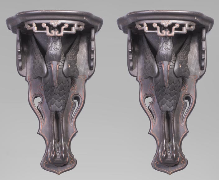 Maison des Bambous Alfred PERRET et Ernest VIBERT (attributed to) - Pair of wall brackets decorated with storks Maison des Bambous Alfred PERRET et Ernest VIBERT (attributed to) - Pair of wall brackets decorated with storks-0