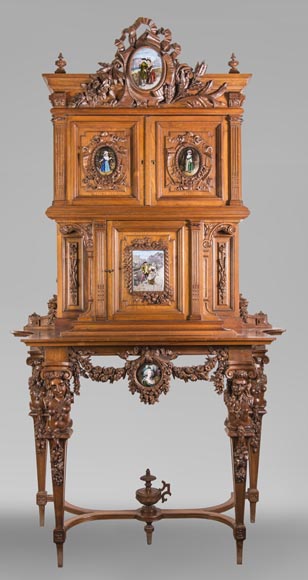 Cabinet in walnut molded and carved with enamelled plates decoration-0