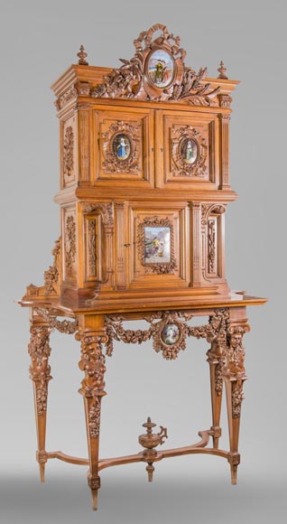 Cabinet in walnut molded and carved with enamelled plates decoration-1