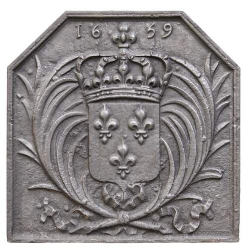 Cast iron fireback with the French coat of arms