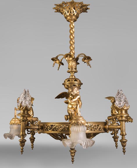 Beautiful antique Napoleon III style chandelier, with Putti carrying tulips Beautiful antique Napoleon III style chandelier, with Putti carrying tulips-1