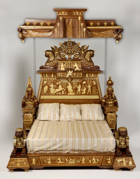 Louis MALARD, Unique “Ramses-Style” Bedroom in Walnut With Gold Leaf Embellishment, 1889 World’s Fair Louis MALARD, Unique “Ramses-Style” Bedroom in Walnut With Gold Leaf Embellishment, 1889 World’s Fair-1
