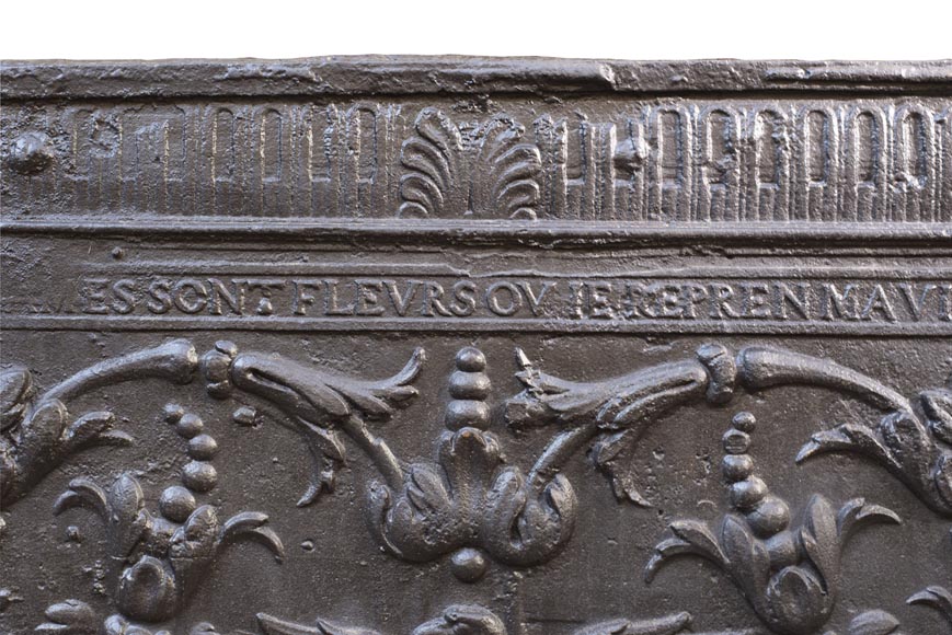 18th century fireback with phoenix decoration among flowers and scrolls. 18th century fireback with phoenix decoration among flowers and scrolls.-3