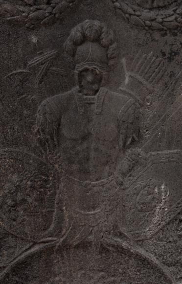 Antique Empire style cast iron fireback with military trophy Antique Empire style cast iron fireback with military trophy-1