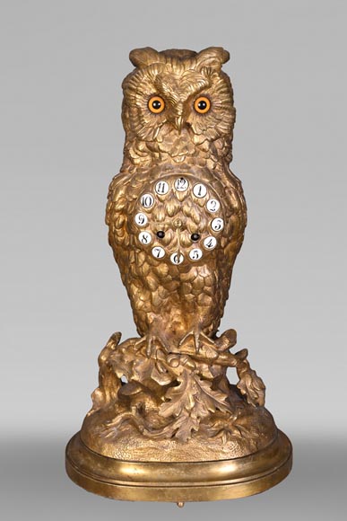 France, Gilt bronze owl clock, late 19th century France, Gilt bronze owl clock, late 19th century-0