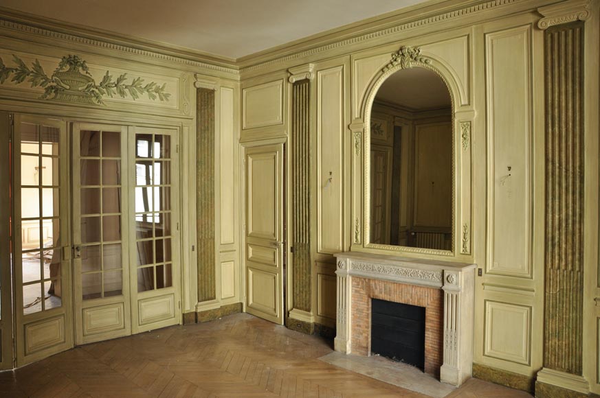 Beautiful Louis XVI style paneled room with its stone fireplace and a marine scene, oil on canvas Beautiful Louis XVI style paneled room with its stone fireplace and a marine scene, oil on canvas-0