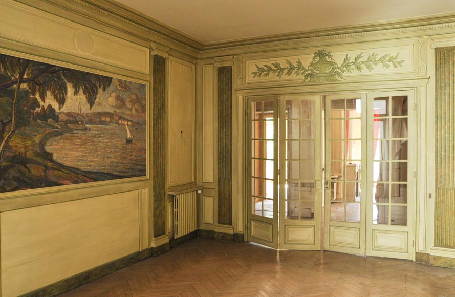 Beautiful Louis XVI style paneled room with its stone fireplace and a marine scene, oil on canvas Beautiful Louis XVI style paneled room with its stone fireplace and a marine scene, oil on canvas-1