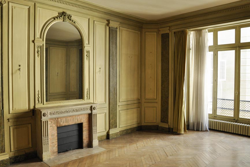 Beautiful Louis XVI style paneled room with its stone fireplace and a marine scene, oil on canvas Beautiful Louis XVI style paneled room with its stone fireplace and a marine scene, oil on canvas-3