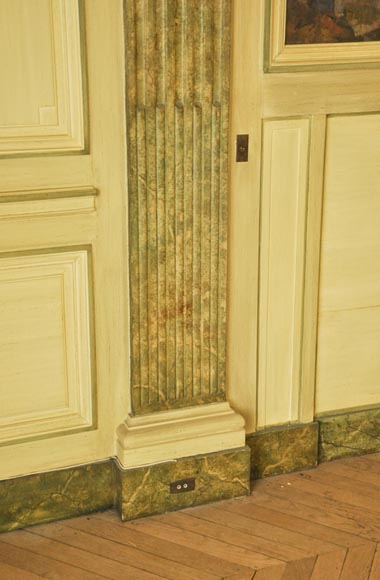 Beautiful Louis XVI style paneled room with its stone fireplace and a marine scene, oil on canvas Beautiful Louis XVI style paneled room with its stone fireplace and a marine scene, oil on canvas-21