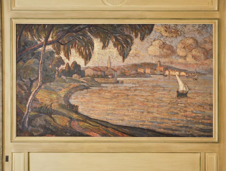 Beautiful Louis XVI style paneled room with its stone fireplace and a marine scene, oil on canvas Beautiful Louis XVI style paneled room with its stone fireplace and a marine scene, oil on canvas-22