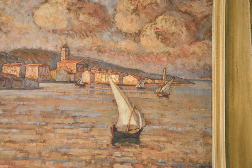 Beautiful Louis XVI style paneled room with its stone fireplace and a marine scene, oil on canvas Beautiful Louis XVI style paneled room with its stone fireplace and a marine scene, oil on canvas-23