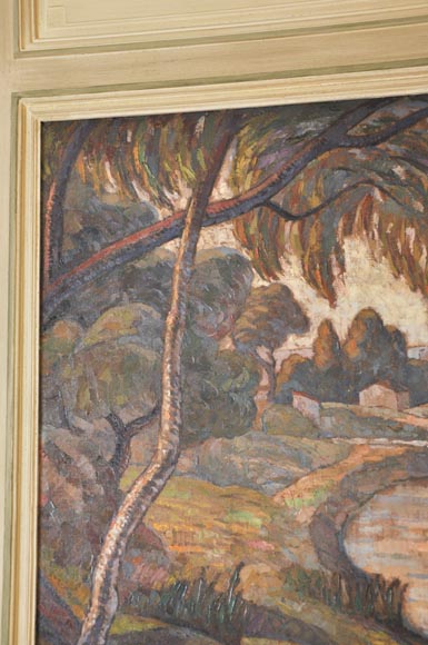 Beautiful Louis XVI style paneled room with its stone fireplace and a marine scene, oil on canvas Beautiful Louis XVI style paneled room with its stone fireplace and a marine scene, oil on canvas-24