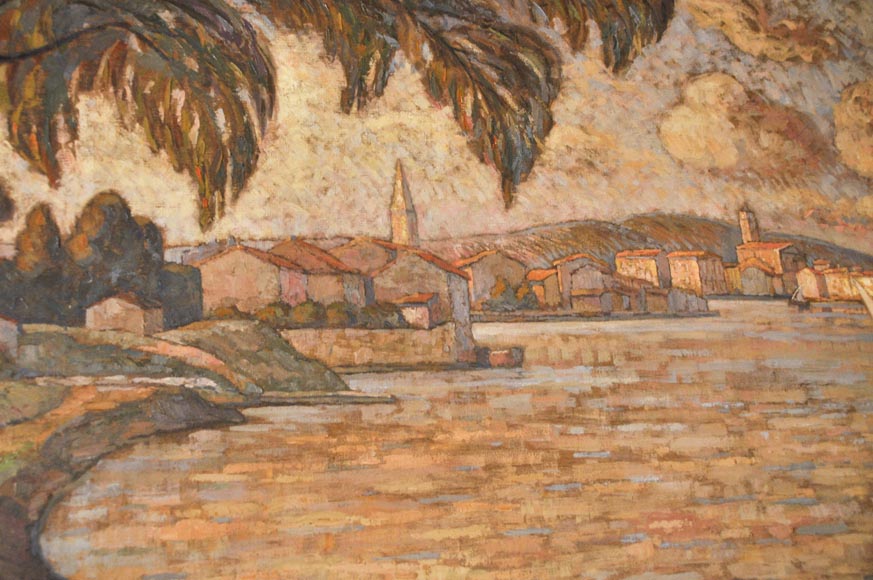 Beautiful Louis XVI style paneled room with its stone fireplace and a marine scene, oil on canvas Beautiful Louis XVI style paneled room with its stone fireplace and a marine scene, oil on canvas-25