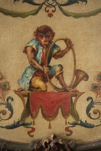 Trumeau decorated with an oil on canvas depicting a musician monkey Trumeau decorated with an oil on canvas depicting a musician monkey-2