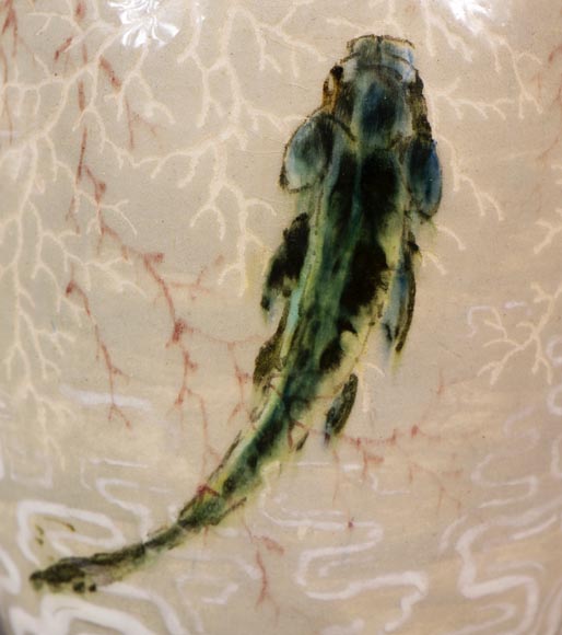 Edmond LACHENAL (1855-1930) - Glazed ceramic ovoid vase with carp decoration Edmond LACHENAL (1855-1930) - Glazed ceramic ovoid vase with carp decoration-4
