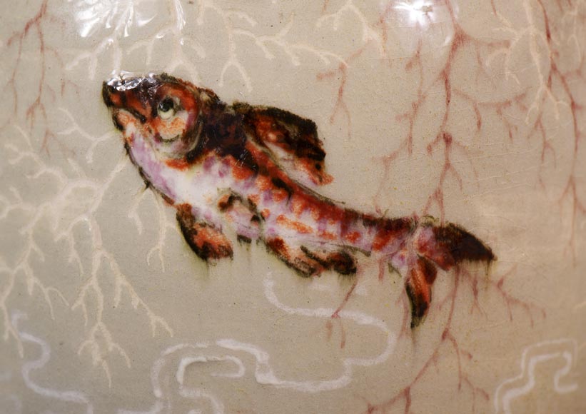 Edmond LACHENAL (1855-1930) - Glazed ceramic ovoid vase with carp decoration Edmond LACHENAL (1855-1930) - Glazed ceramic ovoid vase with carp decoration-5