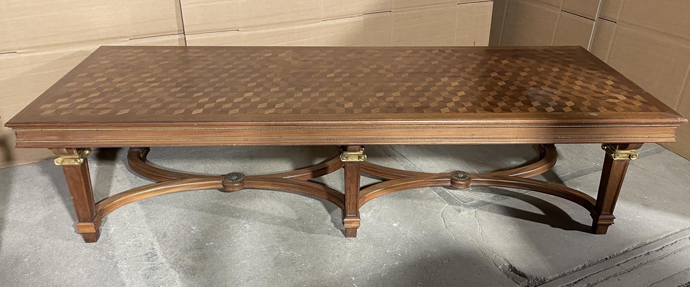Large Louis XVI style table with bronze and veneer decoration Large Louis XVI style table with bronze and veneer decoration-1