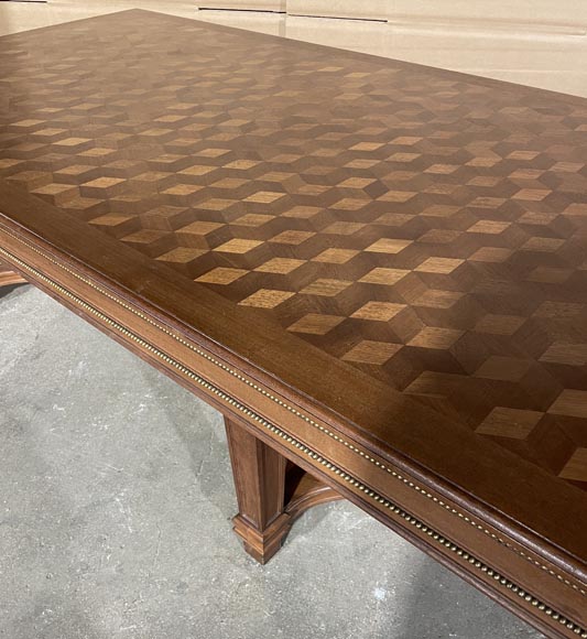 Large Louis XVI style table with bronze and veneer decoration Large Louis XVI style table with bronze and veneer decoration-3