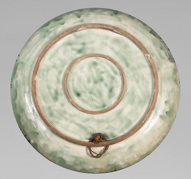 Théodore DECK (1823-1891) - Round ceramic dish with oriental decoration of a vase of flowers and foliage on yellow background Théodore DECK (1823-1891) - Round ceramic dish with oriental decoration of a vase of flowers and foliage on yellow background-6