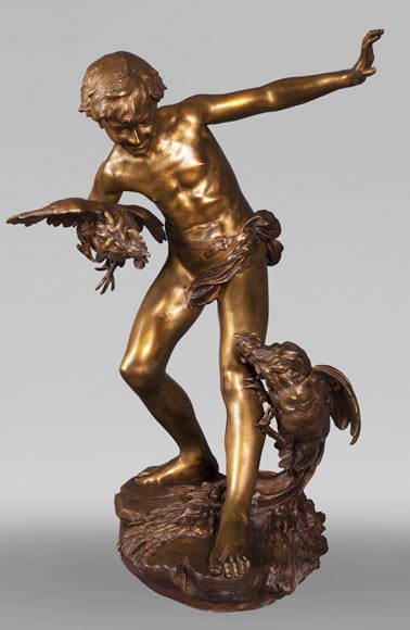 aul Romain CHEVRÉ (1866-1914) - Le combat de coqs, bronze with golden patina aul Romain CHEVRÉ (1866-1914) - Le combat de coqs, bronze with golden patina-1