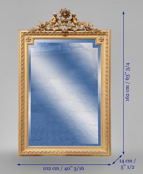 Beautiful antique Napoleon III style trumeau with putti and flowers decor in gilded stucco Beautiful antique Napoleon III style trumeau with putti and flowers decor in gilded stucco-8