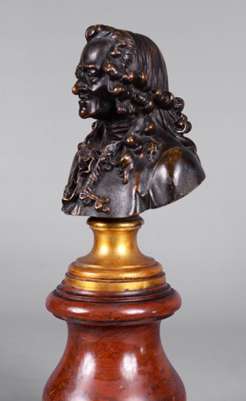 Pair of Voltaire and Rousseau busts in patinated bronze and marble-7