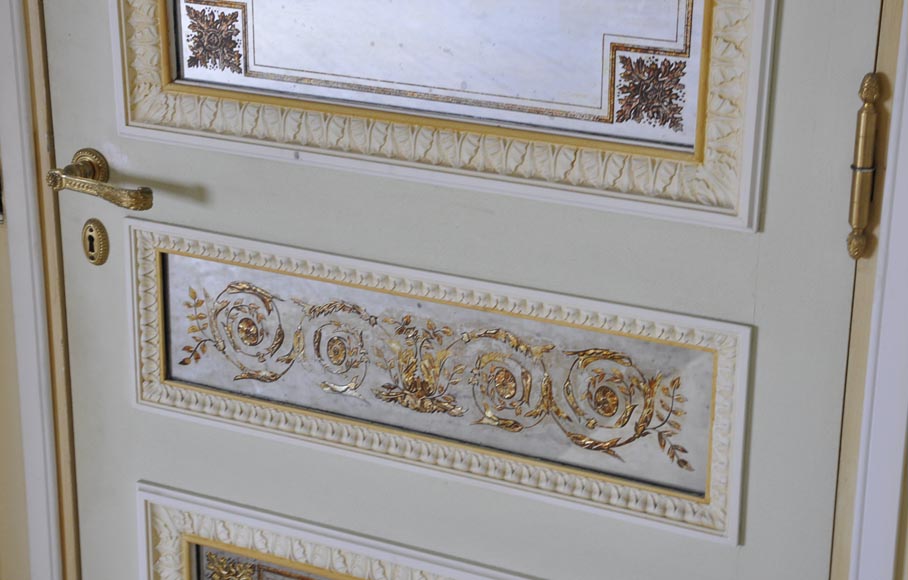 Pair of Louis XVI style wood, stucco and mirror doors, circa 1970   Pair of Louis XVI style wood, stucco and mirror doors, circa 1970-11