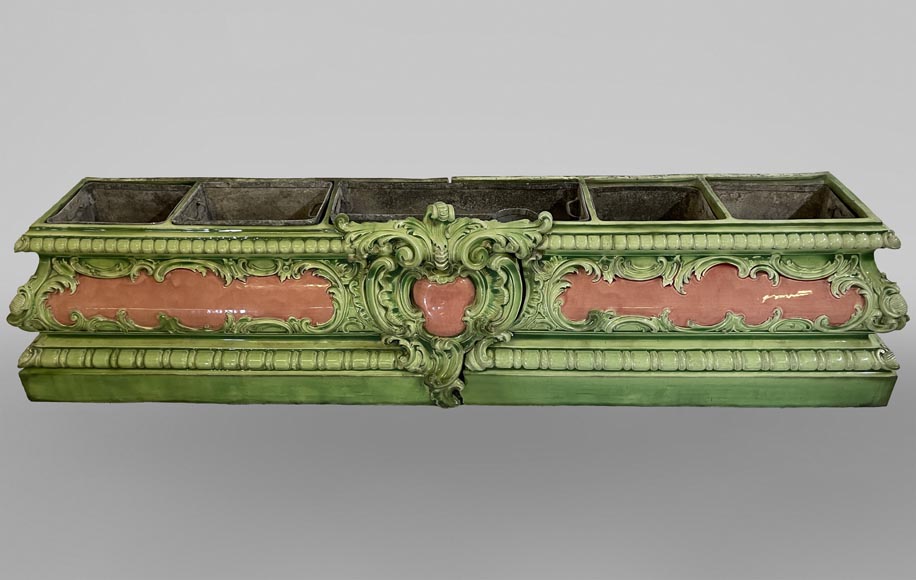 Large pink and green earthenware planter with plant decoration Large pink and green earthenware planter with plant decoration-0