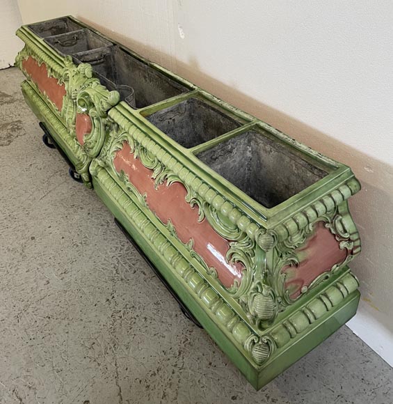 Large pink and green earthenware planter with plant decoration Large pink and green earthenware planter with plant decoration-4