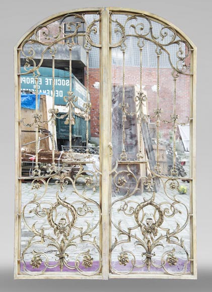 Pair of double-sided wrought iron doors and mirror back Pair of double-sided wrought iron doors and mirror back-0