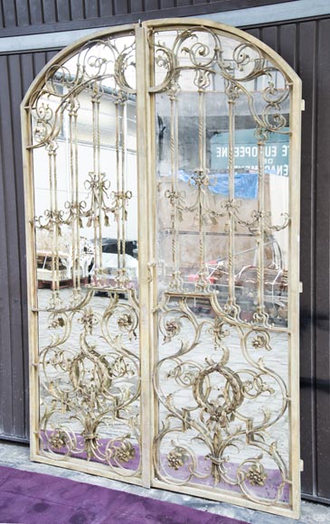 Pair of double-sided wrought iron doors and mirror back Pair of double-sided wrought iron doors and mirror back-1