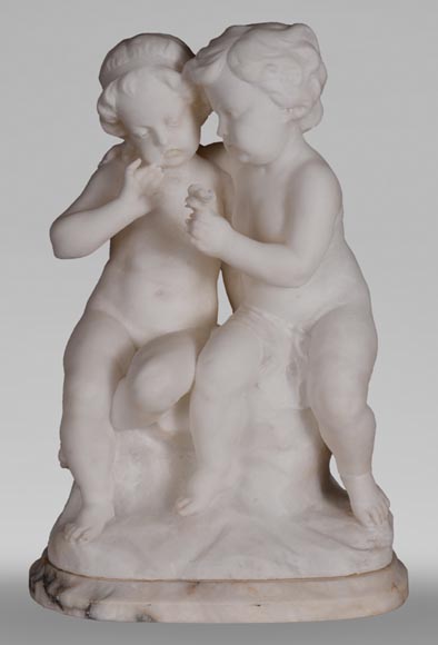 Guglielmo PUGI (1850-1915) - Sculpture in alabaster with loving children Guglielmo PUGI (1850-1915) - Sculpture in alabaster with loving children-0