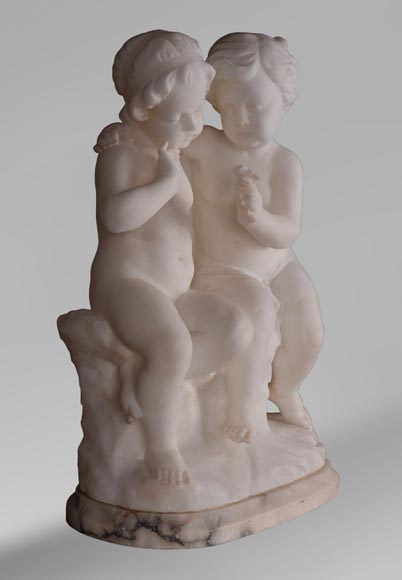 Guglielmo PUGI (1850-1915) - Sculpture in alabaster with loving children Guglielmo PUGI (1850-1915) - Sculpture in alabaster with loving children-1