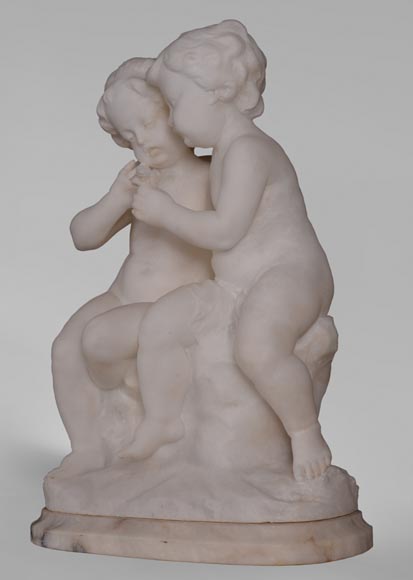Guglielmo PUGI (1850-1915) - Sculpture in alabaster with loving children Guglielmo PUGI (1850-1915) - Sculpture in alabaster with loving children-2