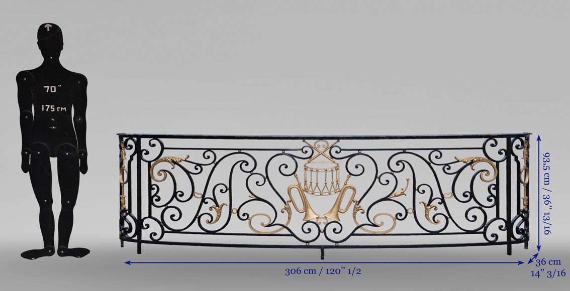 Antique Napoleon III wrought iron balcony with musical attributes Antique Napoleon III wrought iron balcony with musical attributes-8