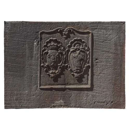 Large 18th century fireback with double coat of arms decoration
