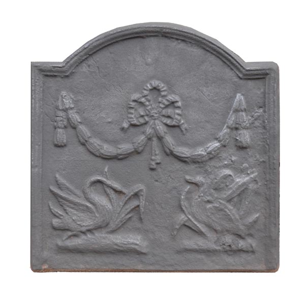 Small Louis XVI style cast iron fireback with a duck and a swann Small Louis XVI style cast iron fireback with a duck and a swann-0