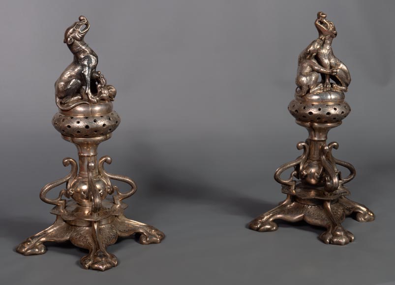Victor GEOFFROY-DECHAUME, Pair of incense burners made out of silvered bronze, adorned with dogs, circa 1840 Victor GEOFFROY-DECHAUME, Pair of incense burners made out of silvered bronze, adorned with dogs, circa 1840-1