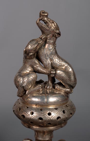 Victor GEOFFROY-DECHAUME, Pair of incense burners made out of silvered bronze, adorned with dogs, circa 1840 Victor GEOFFROY-DECHAUME, Pair of incense burners made out of silvered bronze, adorned with dogs, circa 1840-6