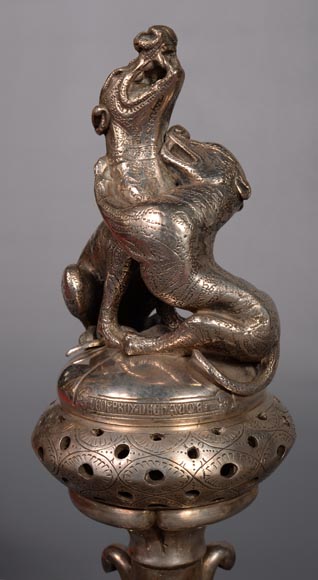 Victor GEOFFROY-DECHAUME, Pair of incense burners made out of silvered bronze, adorned with dogs, circa 1840 Victor GEOFFROY-DECHAUME, Pair of incense burners made out of silvered bronze, adorned with dogs, circa 1840-7