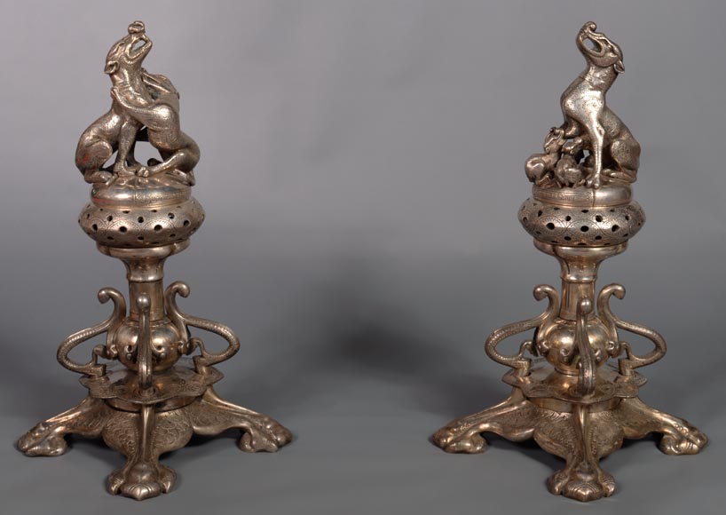 Victor GEOFFROY-DECHAUME, Pair of incense burners made out of silvered bronze, adorned with dogs, circa 1840 Victor GEOFFROY-DECHAUME, Pair of incense burners made out of silvered bronze, adorned with dogs, circa 1840-8
