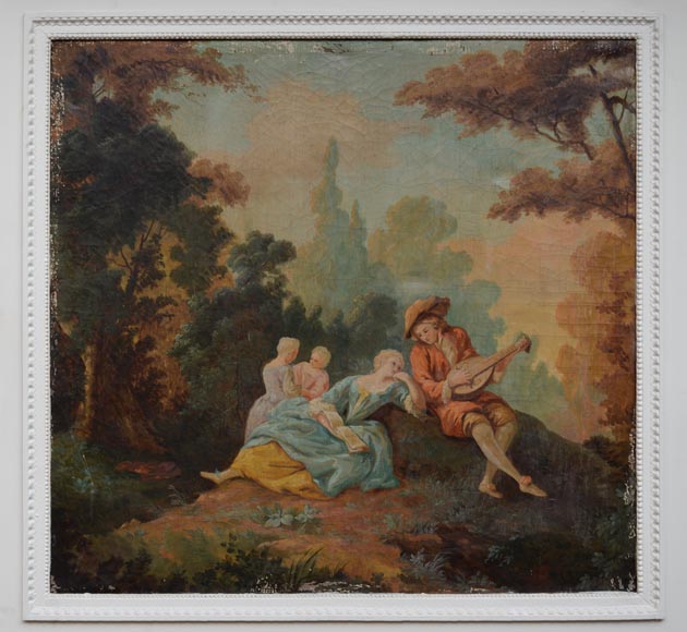 Antique Louis XVI style trumeau with an oil on canvas with gallant scene decoration Antique Louis XVI style trumeau with an oil on canvas with gallant scene decoration-1