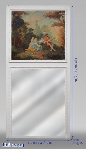 Antique Louis XVI style trumeau with an oil on canvas with gallant scene decoration Antique Louis XVI style trumeau with an oil on canvas with gallant scene decoration-7
