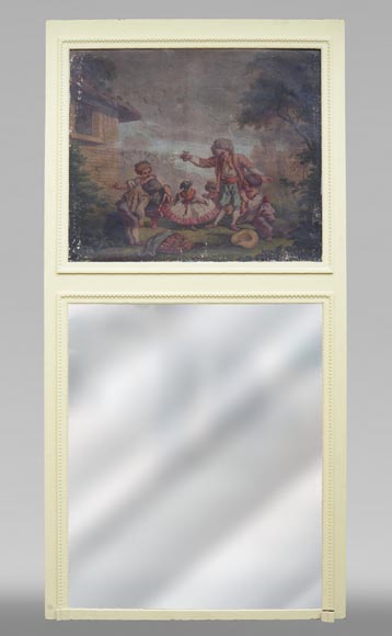Antique trumeau with an oil on canvas representing a scene of children playing with a dog Antique trumeau with an oil on canvas representing a scene of children playing with a dog-0