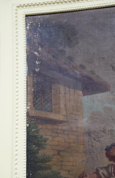 Antique trumeau with an oil on canvas representing a scene of children playing with a dog Antique trumeau with an oil on canvas representing a scene of children playing with a dog-2