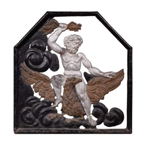 Very rare openwork painted cast iron fireback,