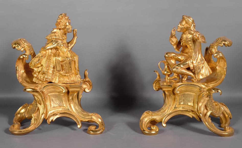 Pair of antique Louis XV style gilt bronze andirons with characters in costume Pair of antique Louis XV style gilt bronze andirons with characters in costume-0