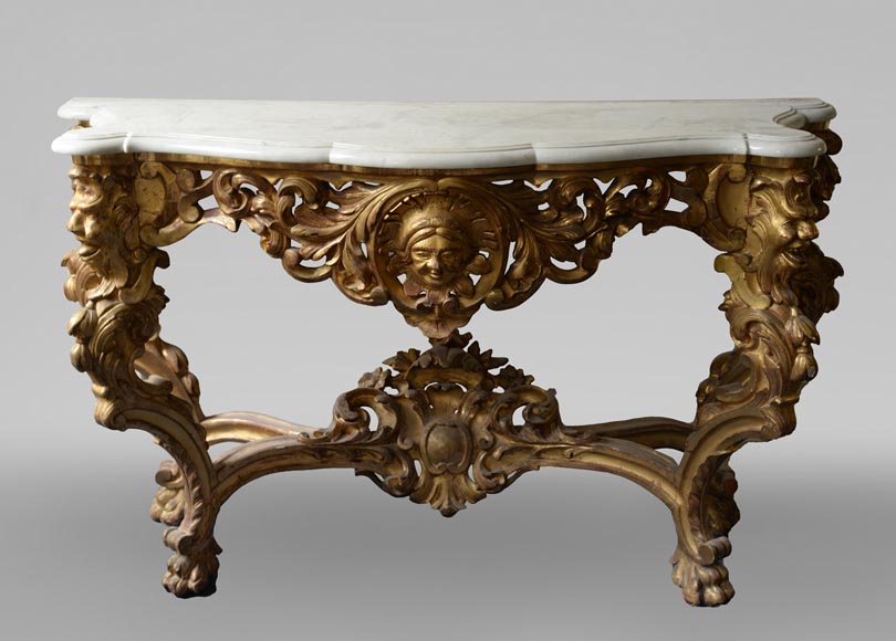 Louis XV style gilt wood console and Carrara marble slab Louis XV style gilt wood console and Carrara marble slab-0