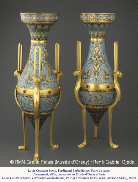 Louis-Constant SÉVIN (1821-1888) and Ferdinand BARBEDIENNE (1810-1892), Exceptional Pair of Ornamental Vases in Bronze and Enamel, model presented during the International Exhibition of London in 1862 Louis-Constant SÉVIN (1821-1888) and Ferdinand BARBEDIENNE (1810-1892), Exceptional Pair of Ornamental Vases in Bronze and Enamel, model presented during the International Exhibition of London in 1862-1
