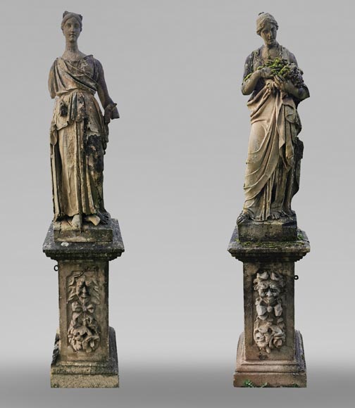 Set of two stone sculptures representing female figures dressed as antique mid-19th century  Set of two stone sculptures representing female figures dressed as antique mid-19th century -0